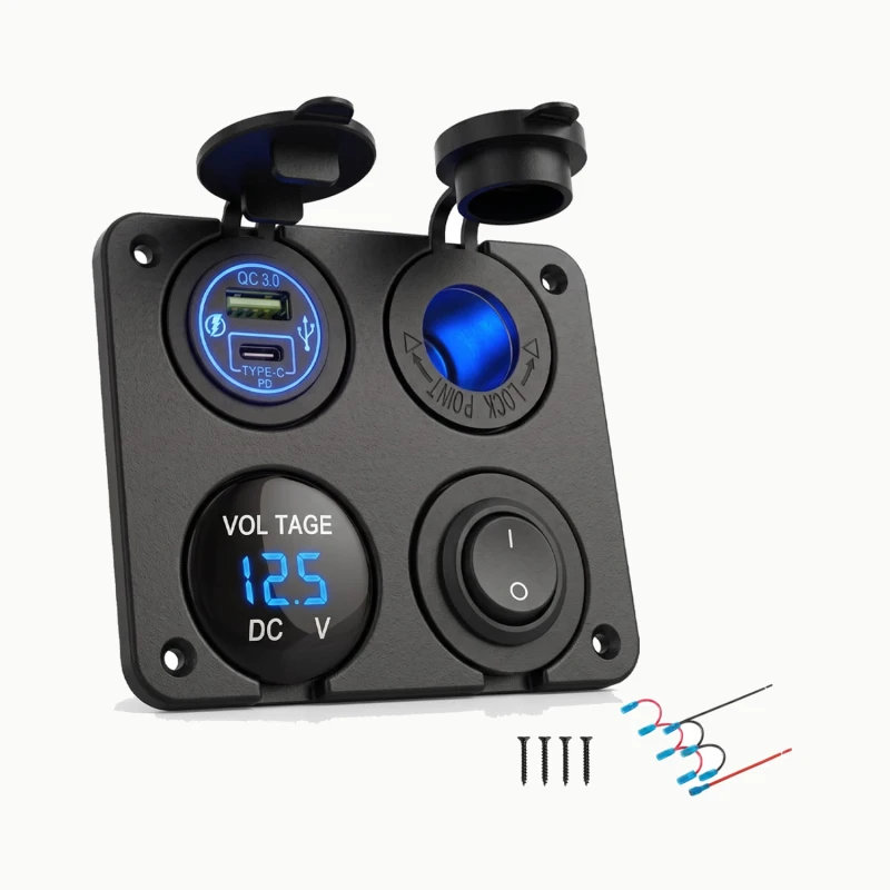 Panel samochodowy Sparky kwadrat 4w1 USB-C PD QC 3.0 Woltomierz ON/OFF LED.jpg